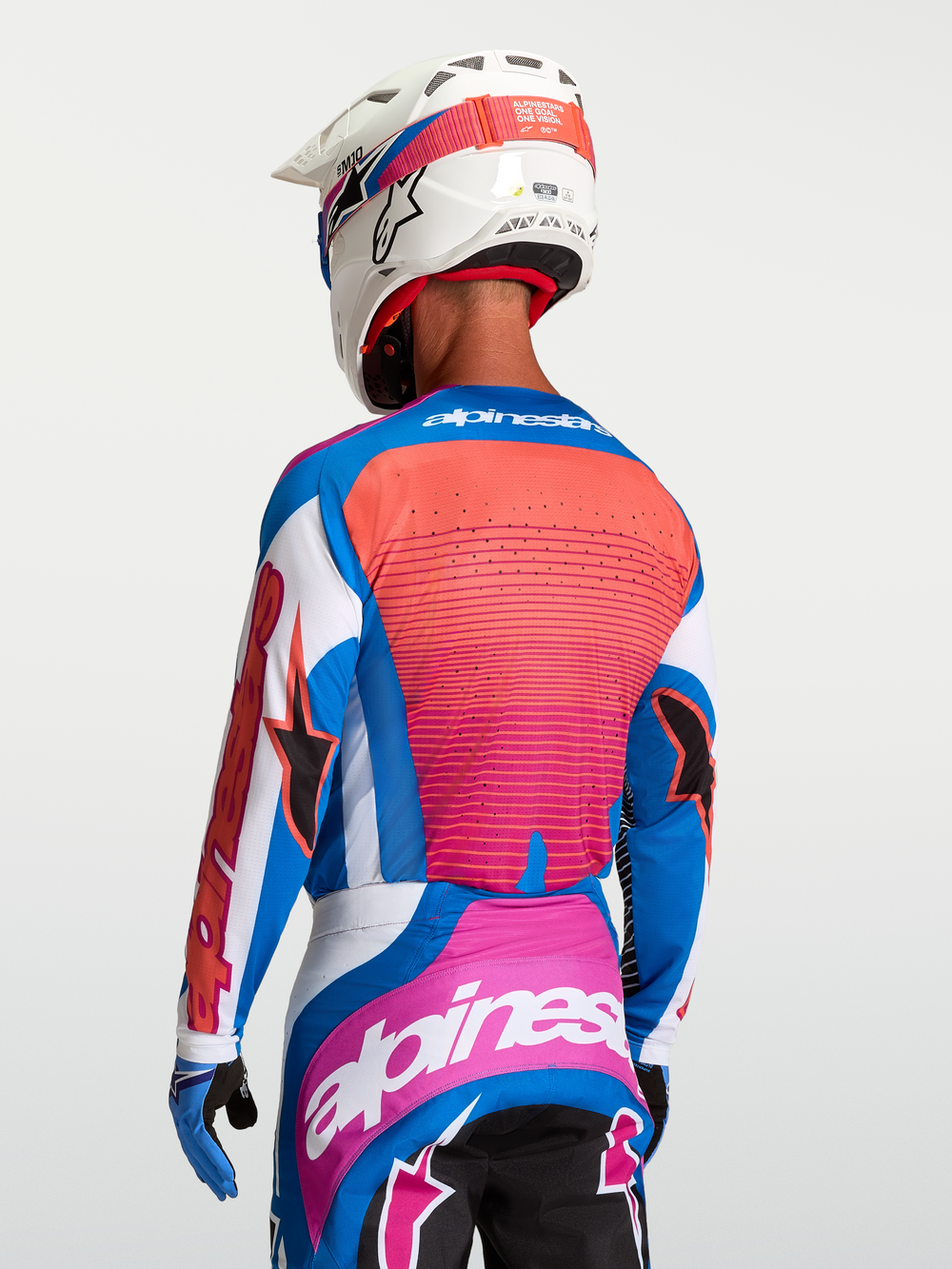 Alpinestars Techstar Maven Jersey, Men's Motocross Jersey in White, Hot Coral, and Blithe Blue with laser-cut ventilation.