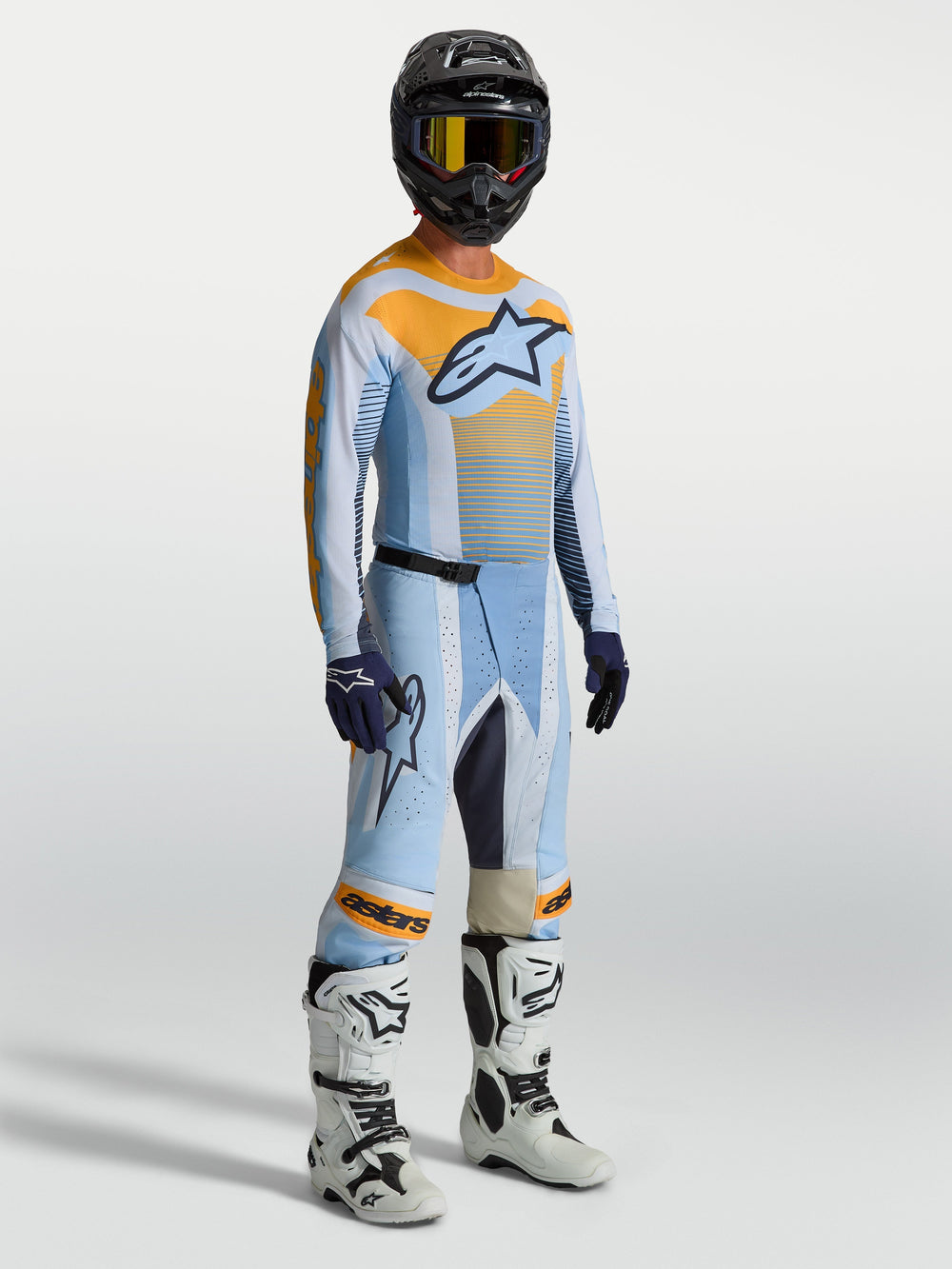 Alpinestars Techstar Maven Gear Set, Motocross Racing Outfit for Men, Dust Blue and Tangerine Orange, athletic race fit.
