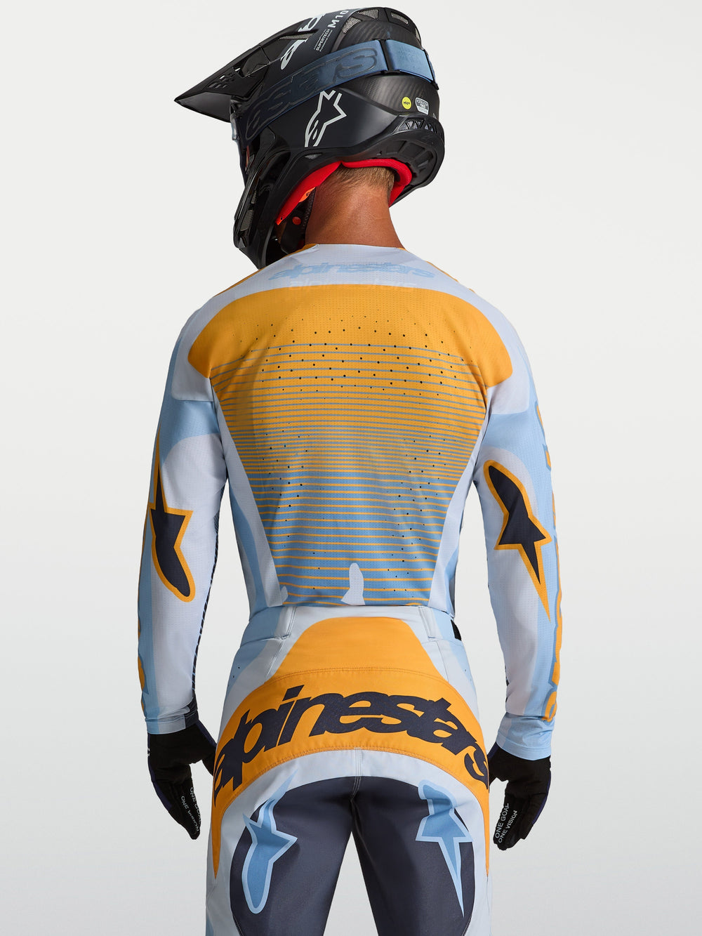 Alpinestars Techstar Maven Jersey, Men's Motocross Jersey, Dust Blue and Tangerine, back view with laser-cut ventilation.