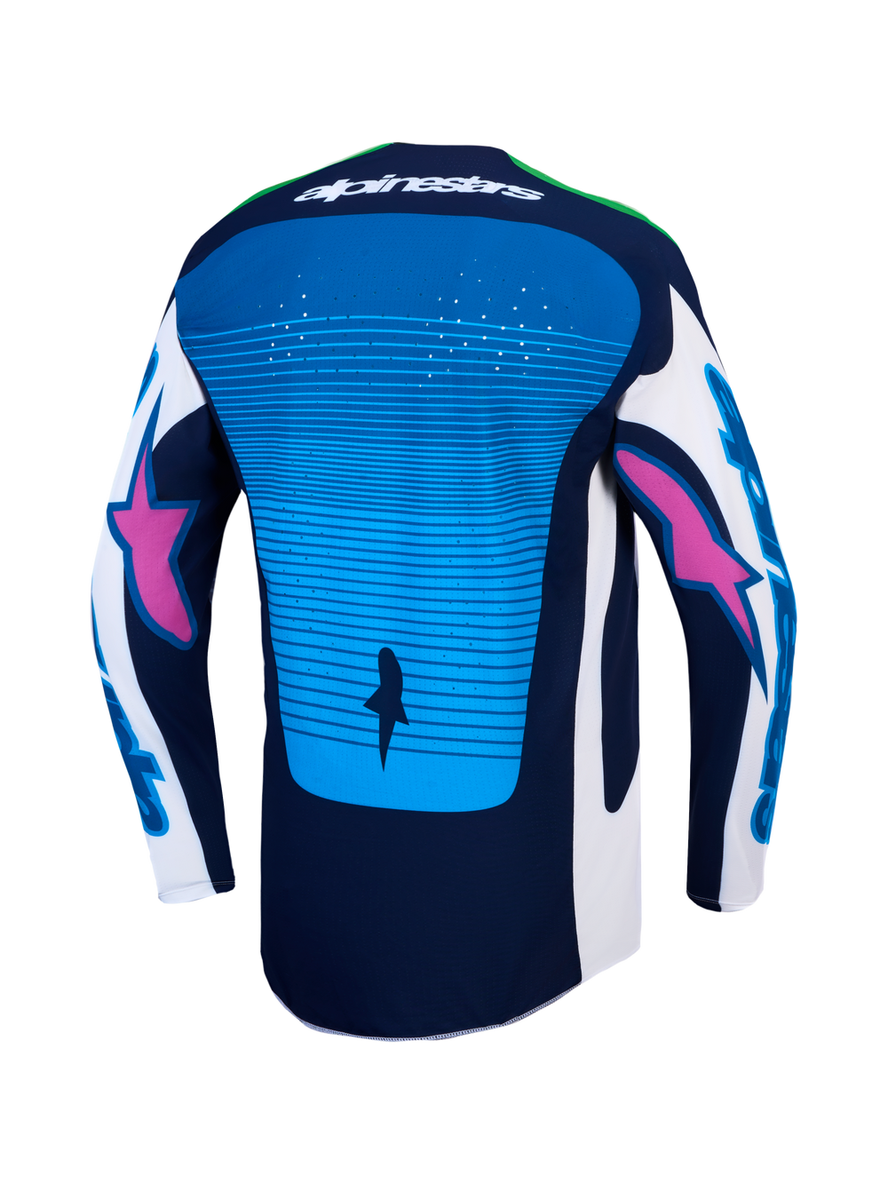 Alpinestars Techstar Maven Jersey and Gear Set, back view of blue and navy motocross top with laser-cut ventilation.