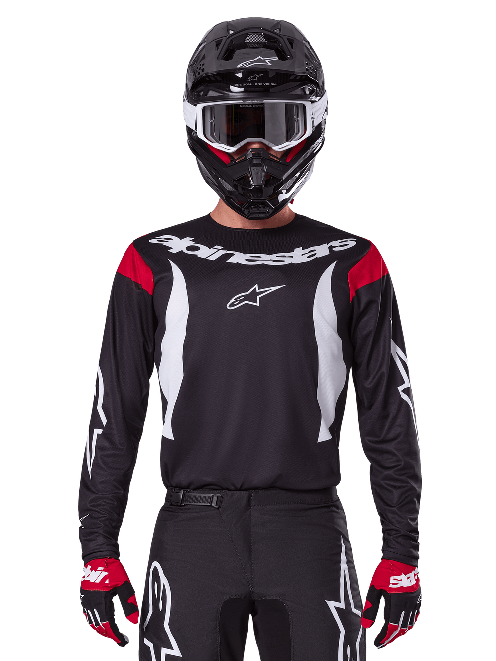 Alpinestars 2025 Fluid Haul Jersey and Gear Set for men, black and white motocross outfit with red accents.