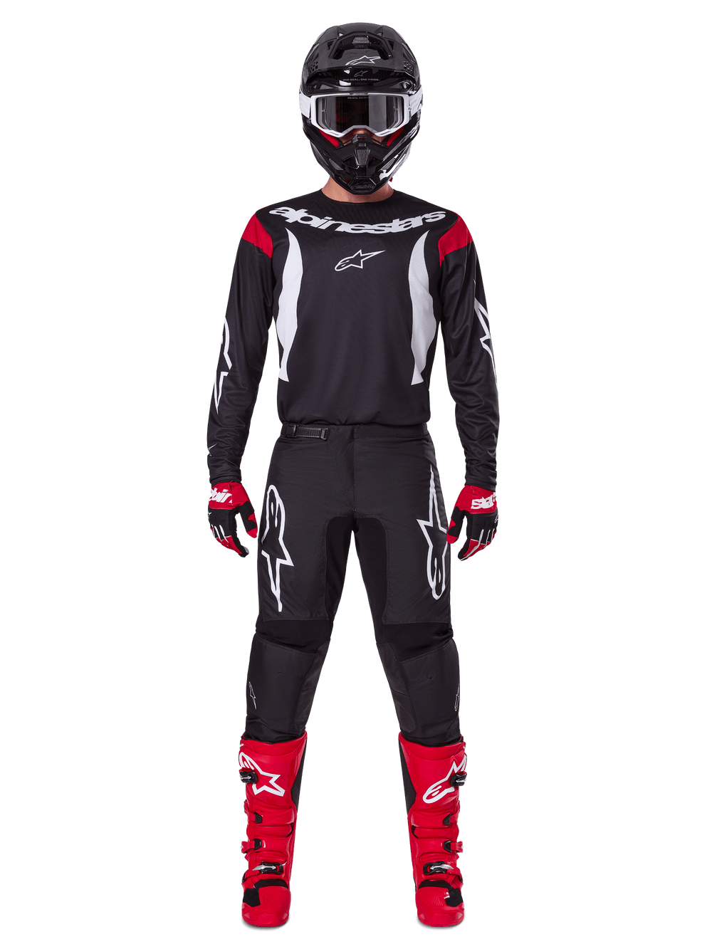 2025 Fluid Haul Jersey, Alpinestars motocross gear in black and white with red accents, shown as a complete off-road racing kit.