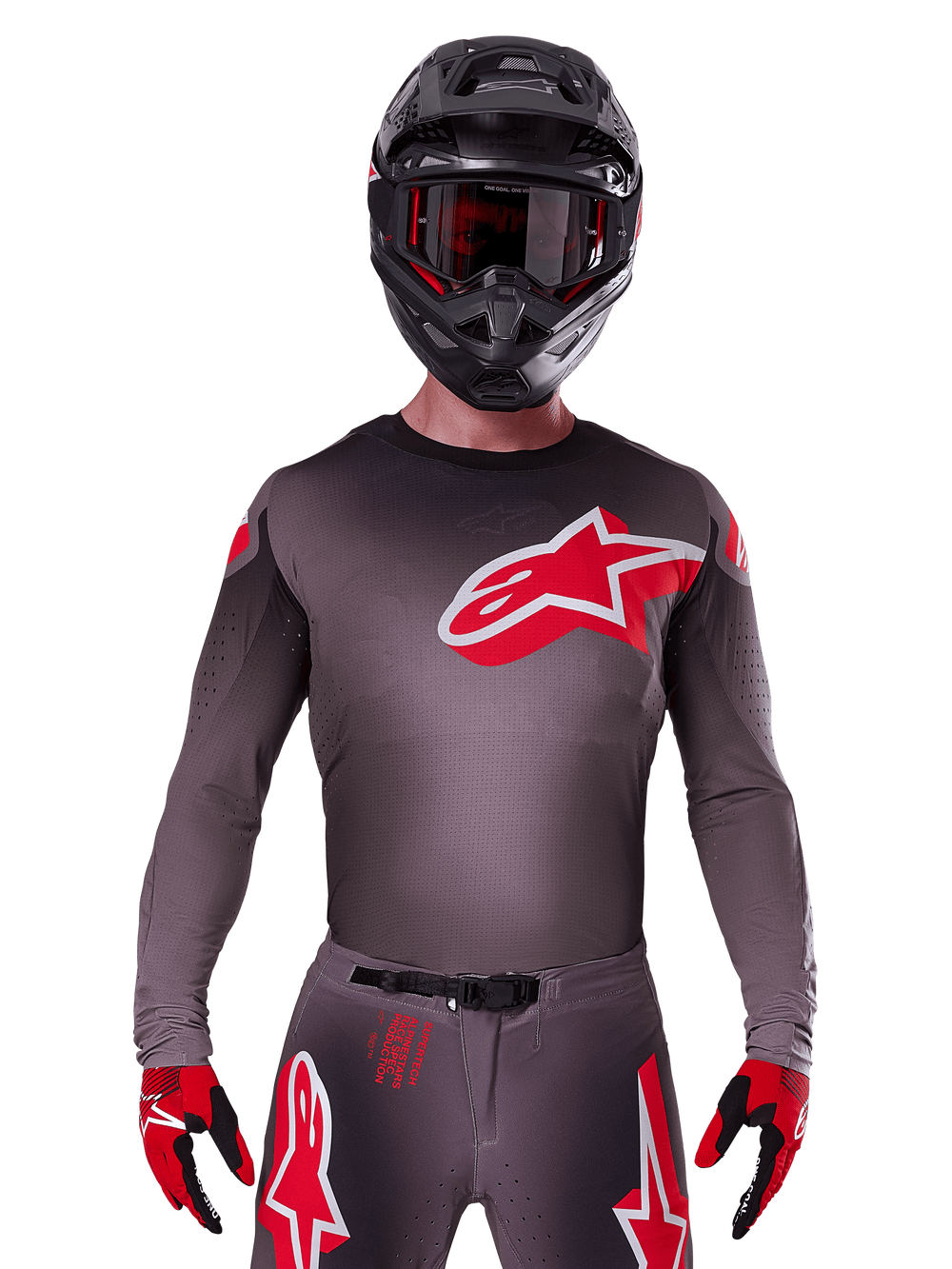 Alpinestars 2025 Supertech Lipan Jersey, Motocross Jersey, Smoke and Red, featuring a large red and white chest logo, worn with a black helmet and red and black gloves, athletic race fit with laser-cut perforations