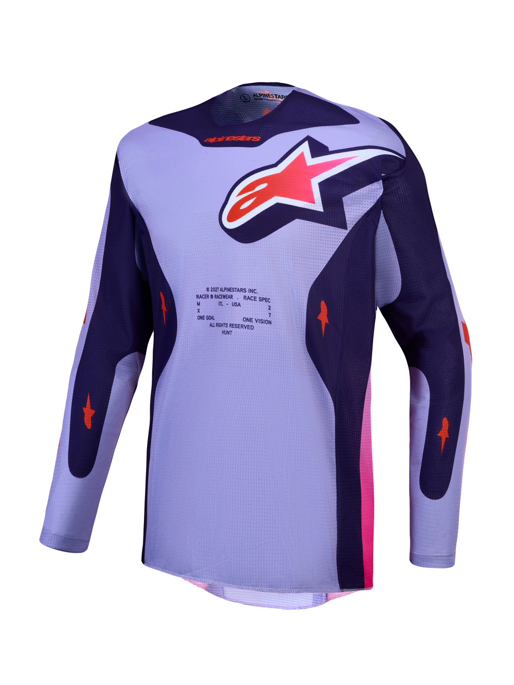 Alpinestars Racer Air Hunt Jersey, purple and violet motocross racing jersey with breathable mesh and pink accents.