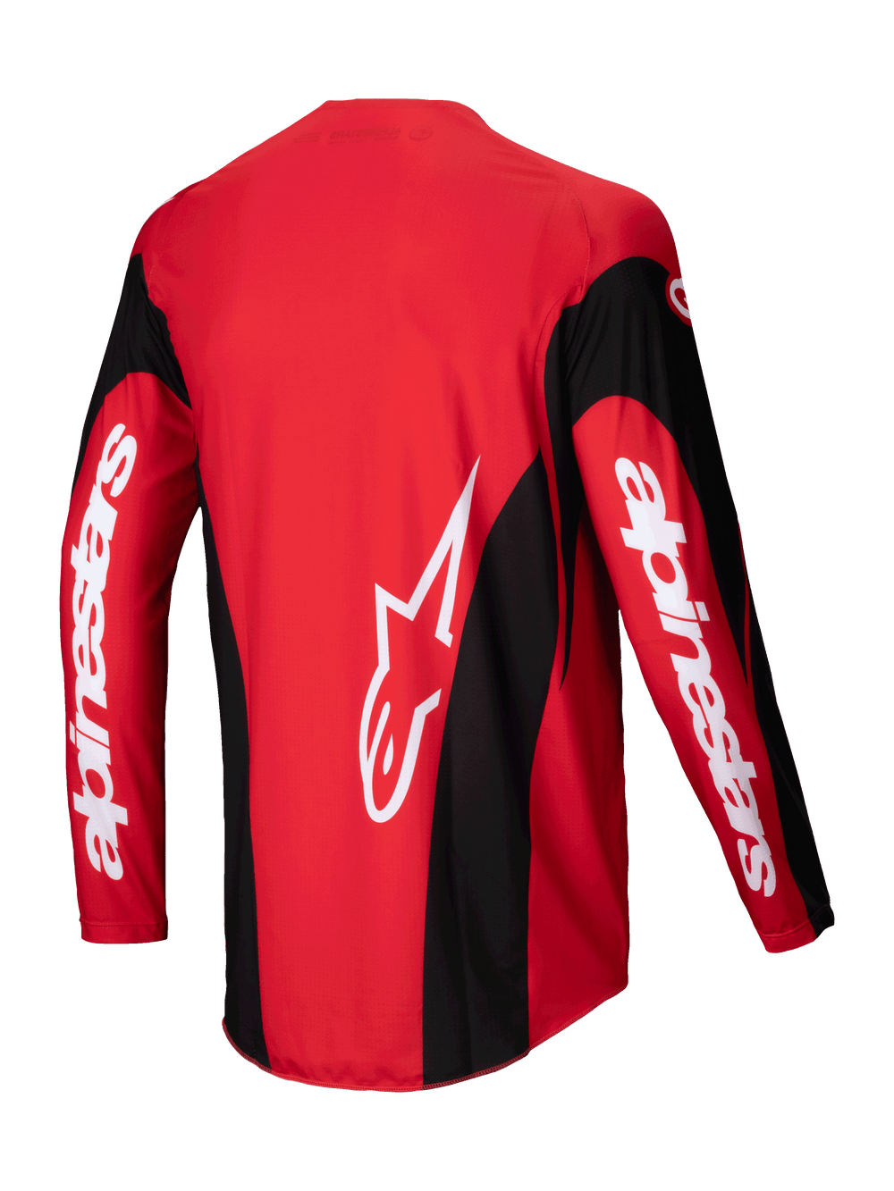 Alpinestars 2025 Techstar Dreem Jersey, Motocross Jersey, Bright Red and Black, back view showing lightweight poly-fabric stretch construction and extended rear hem