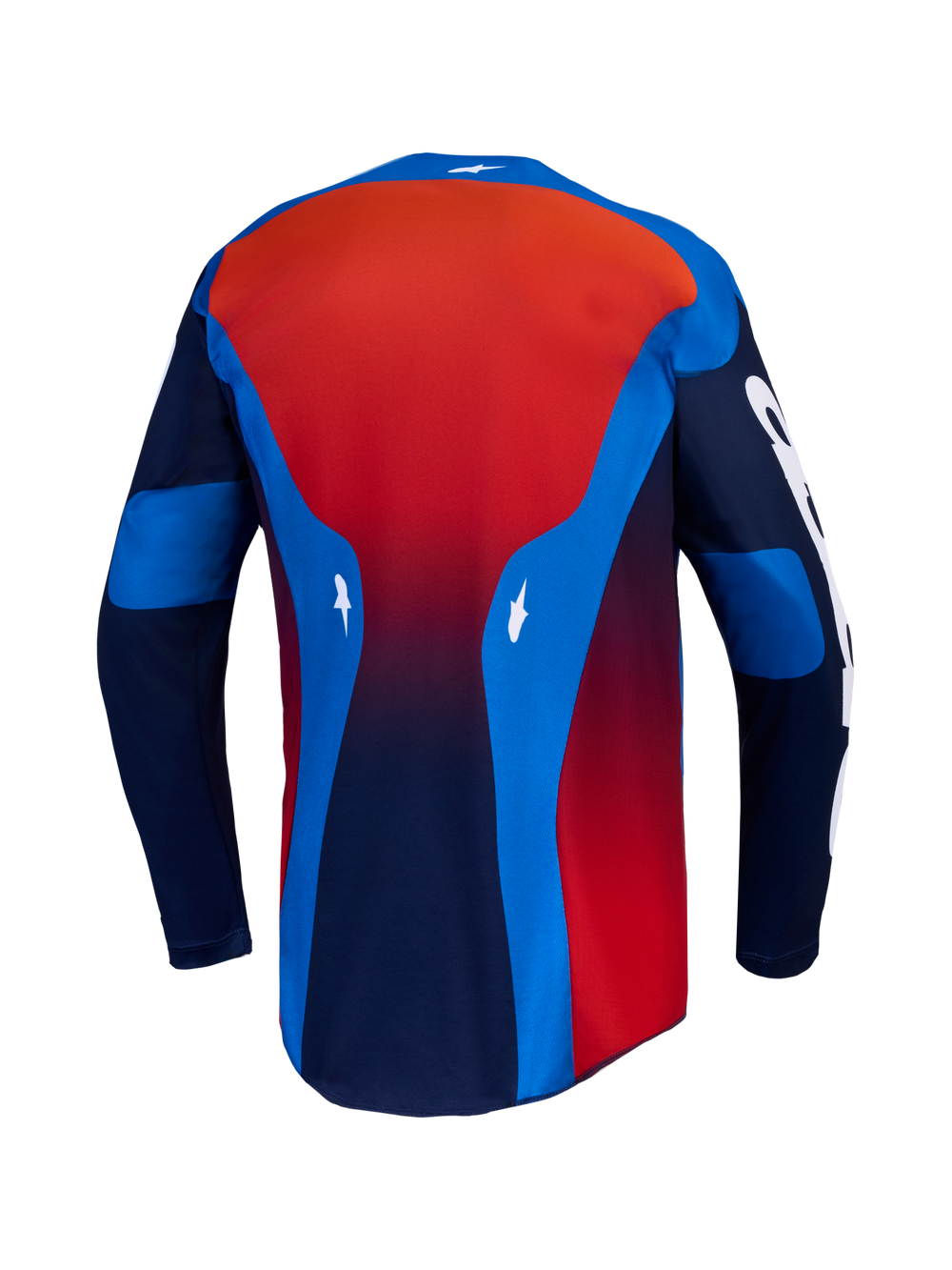 Alpinestars Racer Hunt Jersey, Motocross Riding Gear, Blue and Fire Red, lightweight moisture-wicking textile, back view.