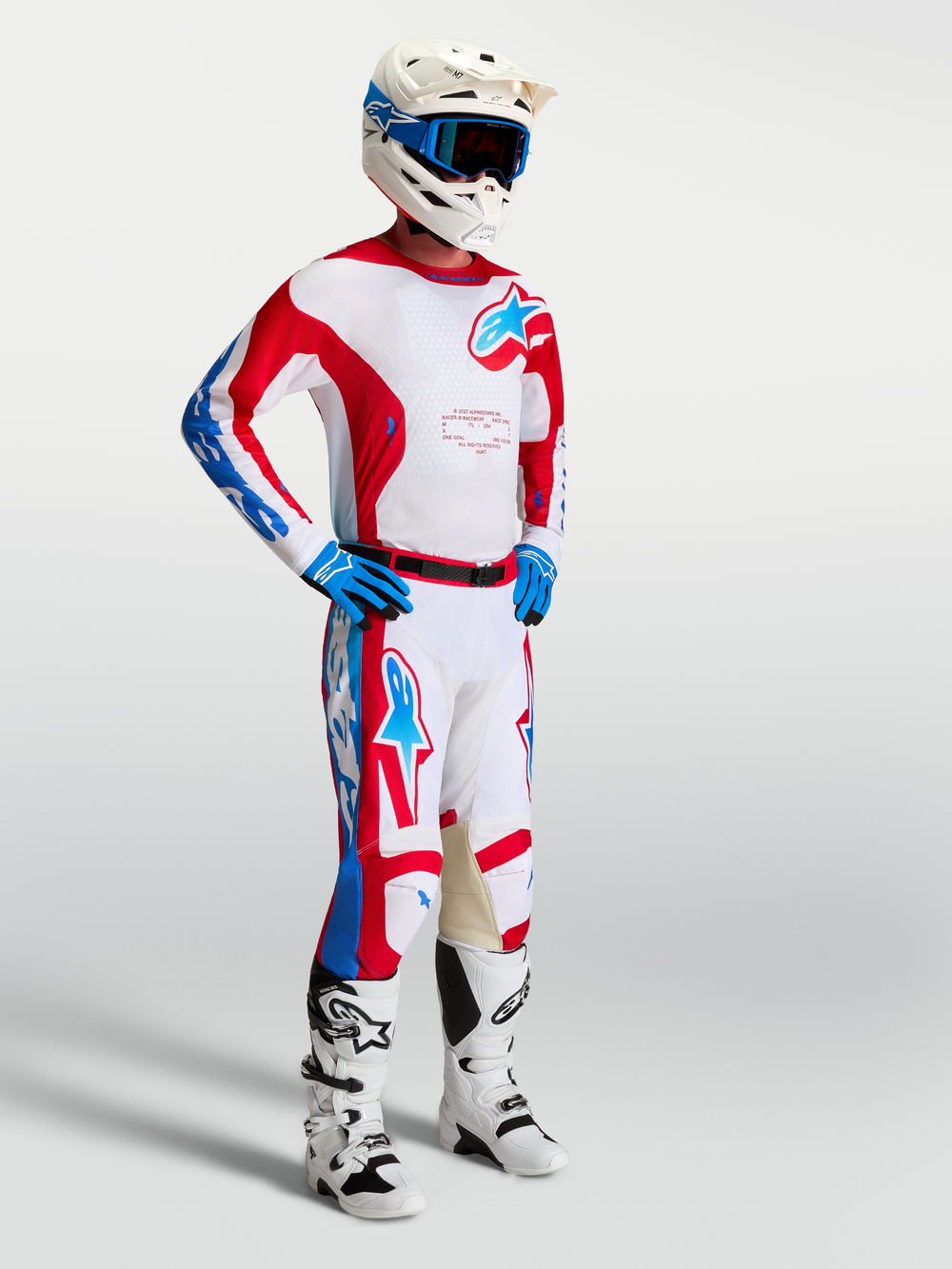 Alpinestars 2027 Racer Hunt Gear Set and Pants, Men's Motocross Outfit, Red and White, performance racing fit.