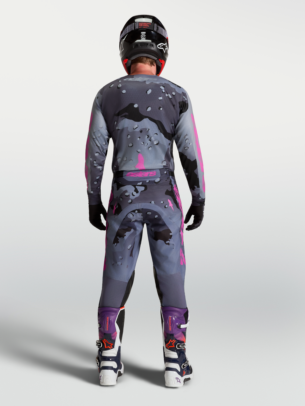 Alpinestars Racer Lone Pants, Motocross Racing Gear, Men's Gray Camo and Purple, durable race-fit pants, rear view.