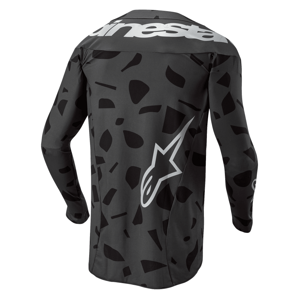 Alpinestars 2024 Techstar Graphite Jersey, Motocross Racing, Black Camo, Men's performance jersey, back view with white logos.