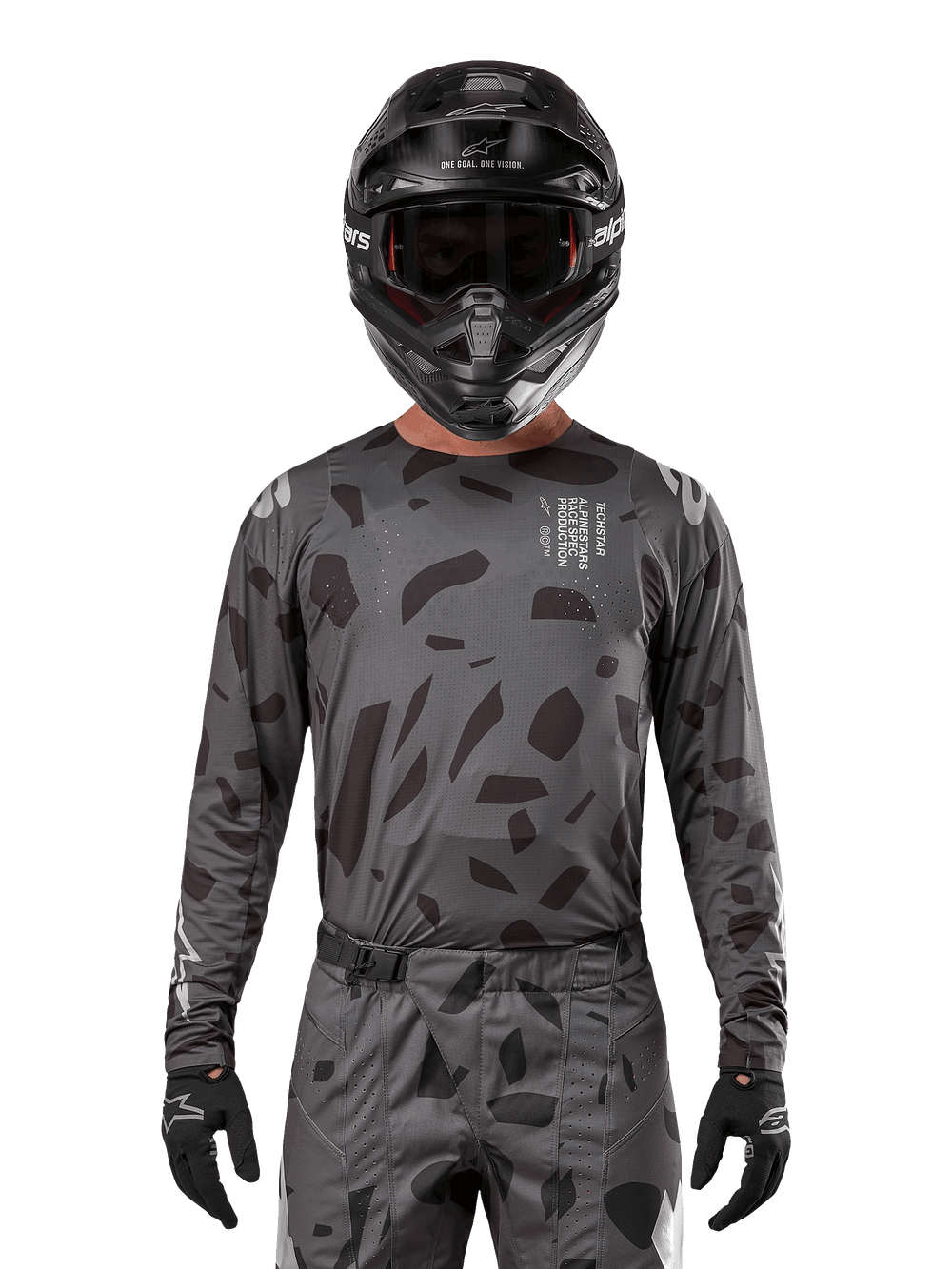 Alpinestars 2024 Techstar Graphite Jersey, men's motocross racing jersey in Black Camo with laser-cut perforations.