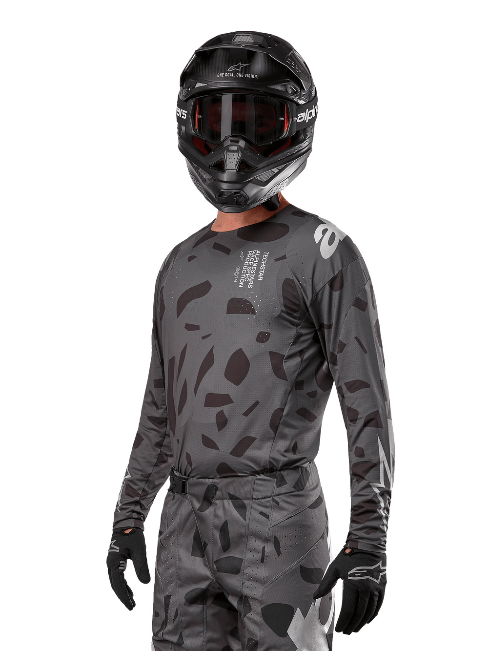 Alpinestars 2024 Techstar Graphite Jersey, Men's Black Camo Motocross Jersey with laser-cut ventilation and athletic fit.