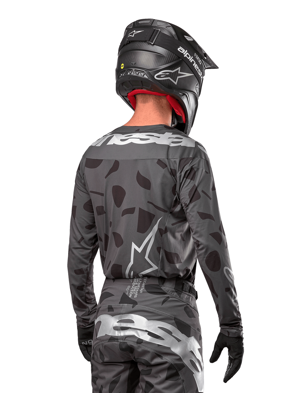 Alpinestars Techstar Graphite Jersey, Men's Motocross Racing Jersey, Black Camo, moisture-wicking poly-fabric, rear view.