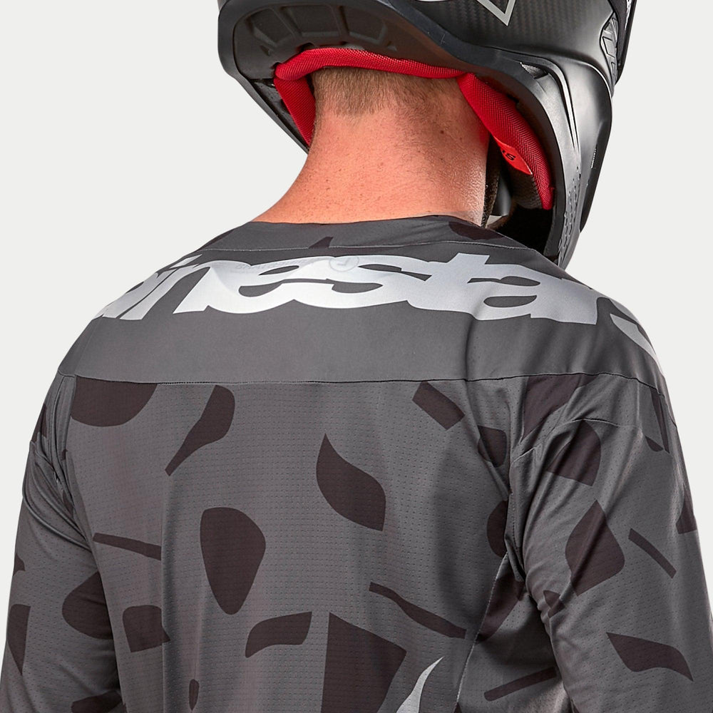 Alpinestars 2024 Techstar Graphite Jersey, Men's Motocross Jersey, Black Camo with gray back logo and breathable mesh.