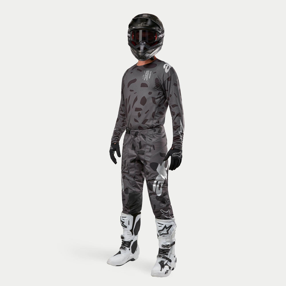 Alpinestars 2024 Techstar Graphite Jersey, Men's Motocross Gear, Black Camo, with breathable mesh and athletic racing fit.