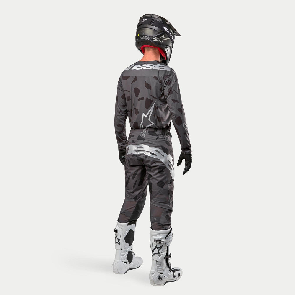 Alpinestars 2024 Techstar Graphite Jersey, Motocross Racing, Men's, Black Camo, breathable mesh, rear view on rider.