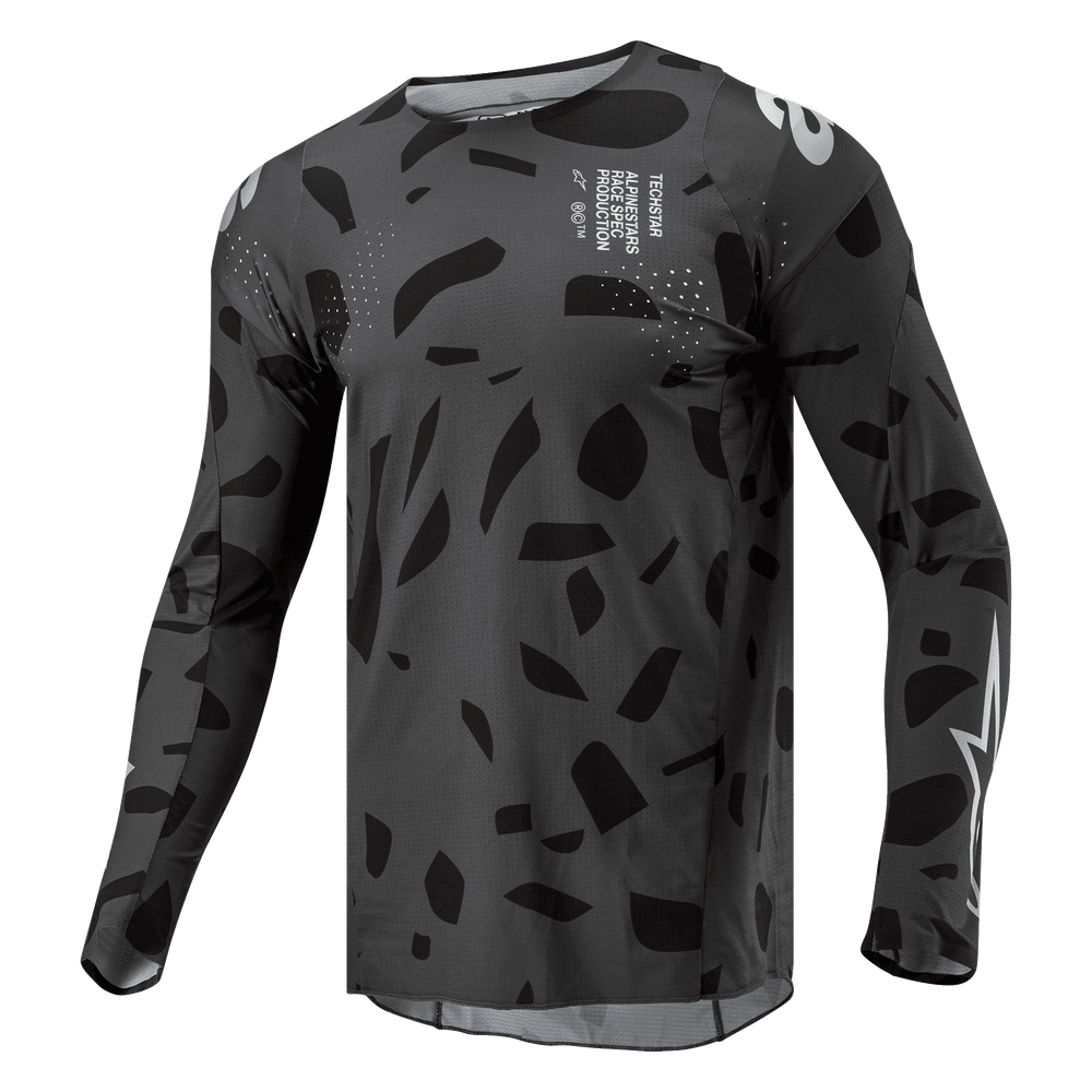 Alpinestars 2024 Techstar Graphite Jersey, Men's Motocross Racing Jersey, Black and Charcoal Camo, breathable moisture-wicking material.