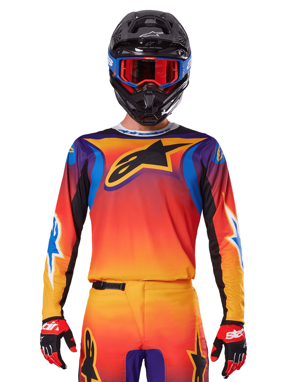 Alpinestars 2025 Fluid Wurx Jersey, Multicolor motocross jersey with orange and red gradient and purple accents, worn with matching gear, black helmet with blue and red goggles, and red gloves, featuring a large black star logo on the chest.