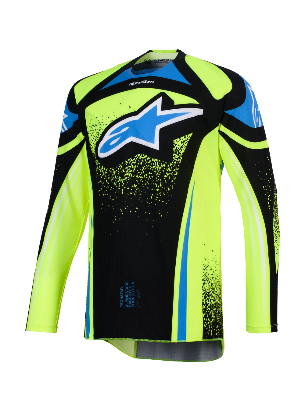 Alpinestars 2026 Techstar Nomur Jersey, Motocross Jersey, Fluo Yellow and Black with Blue accents, featuring a large blue and white Astar logo on the chest, splatter graphic details, long sleeves, athletic off-road racing gear