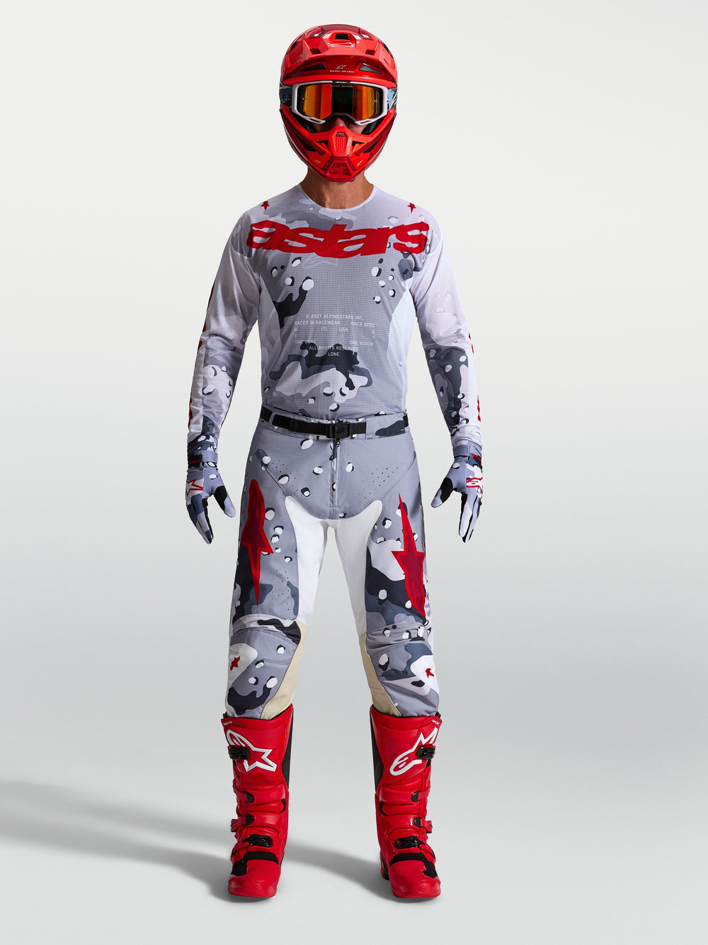 Alpinestars Racer Air Lone Jersey, men's motocross gear in gray camo and fire red with high-airflow breathable mesh.