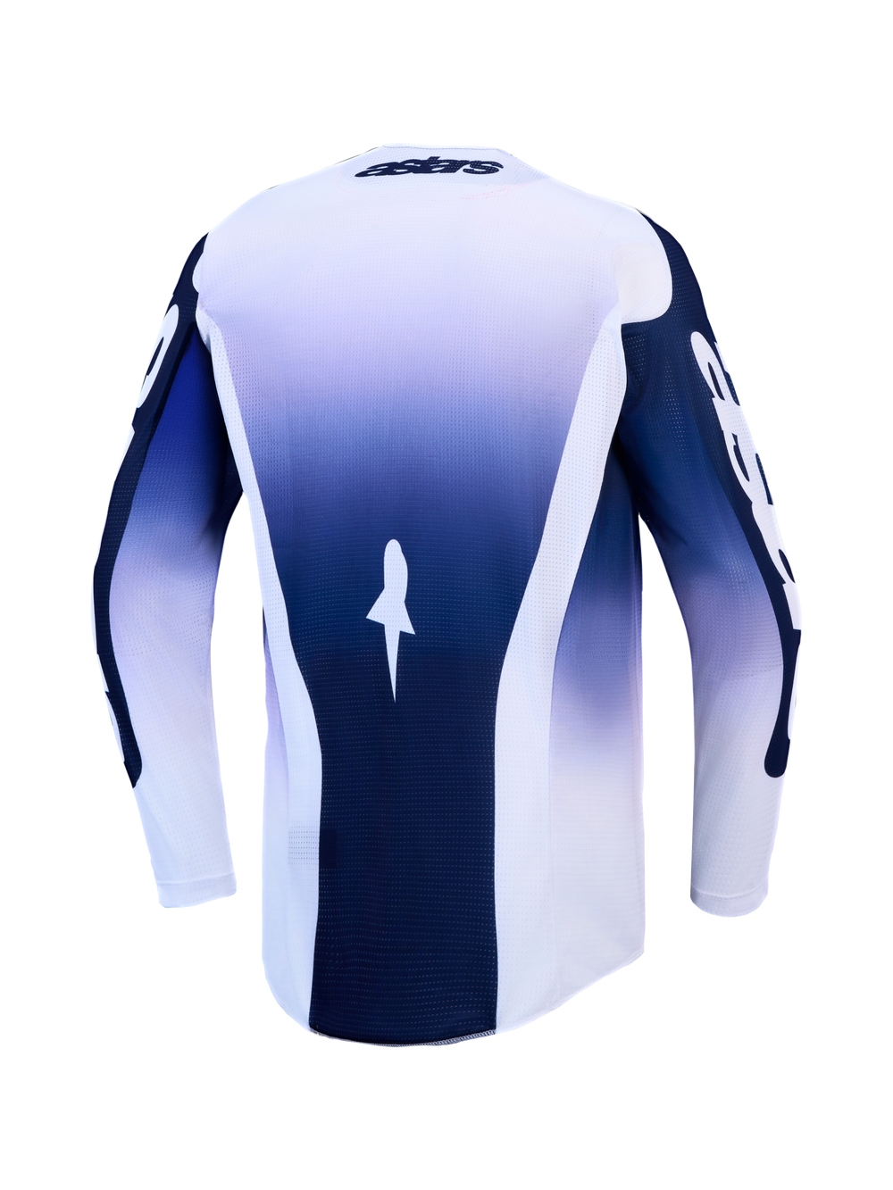 Alpinestars Racer Air Amber Jersey, blue and white motocross jersey, back view, breathable mesh, extended rear hem.