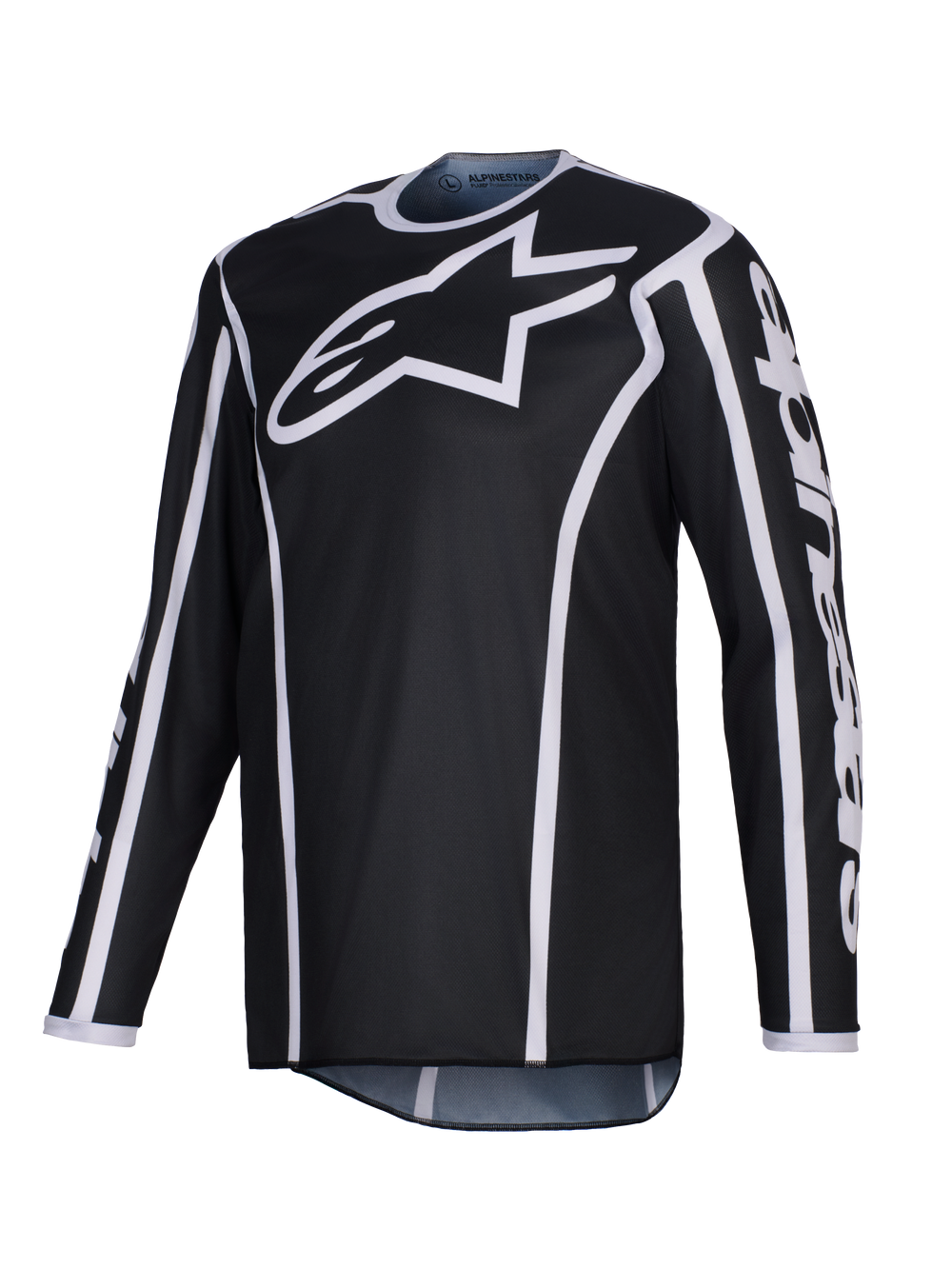Alpinestars 2026 Fluid Apex Jersey, Motocross Jersey, Black with white accents, large white logo on chest, white trim along the seams, long-sleeve performance polyfabric for off-road racing