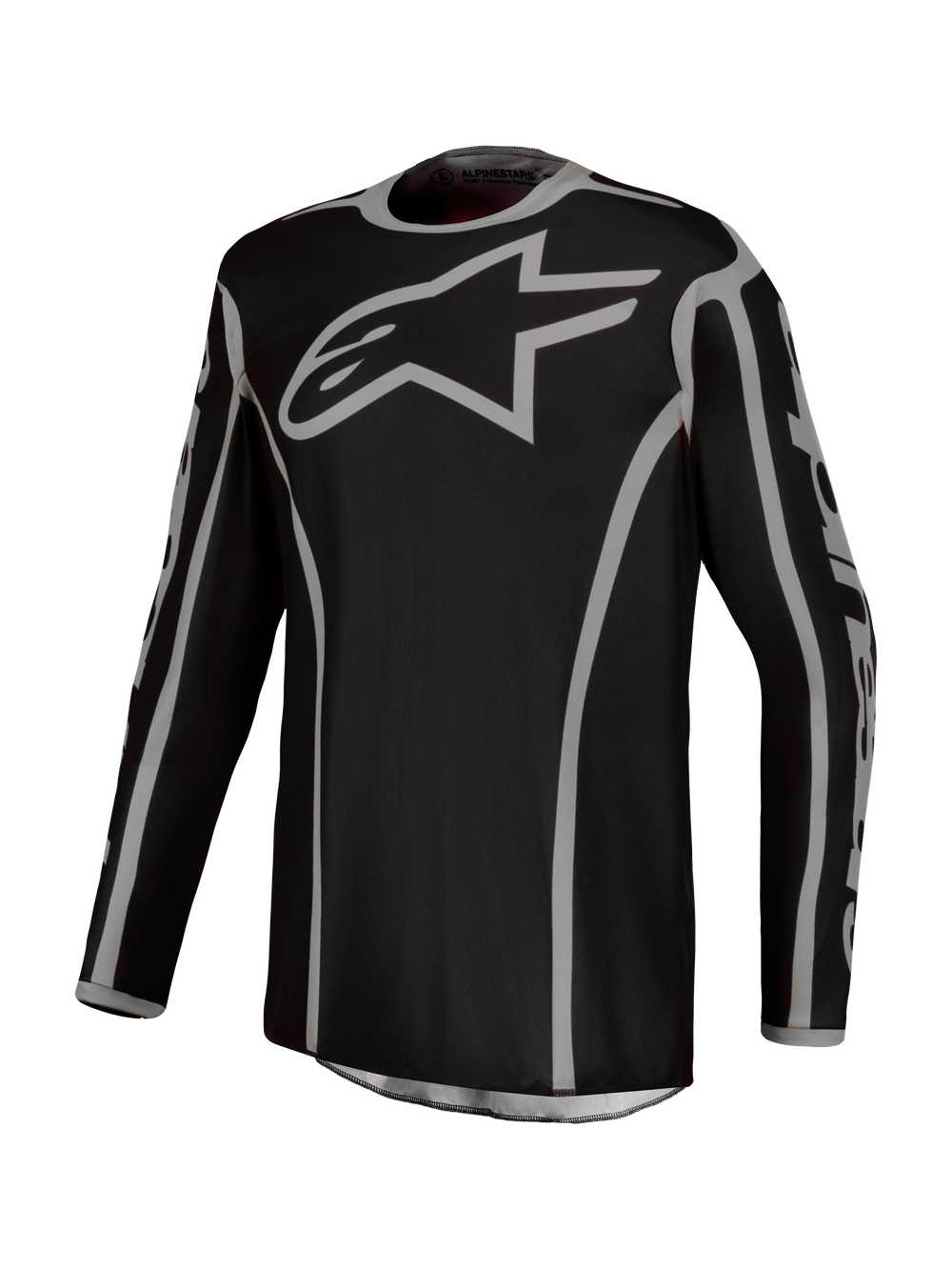 Alpinestars Fluid Apex V2 Jersey, Men's Motocross Jersey in Black and Silver, breathable moisture-wicking polyfabric.