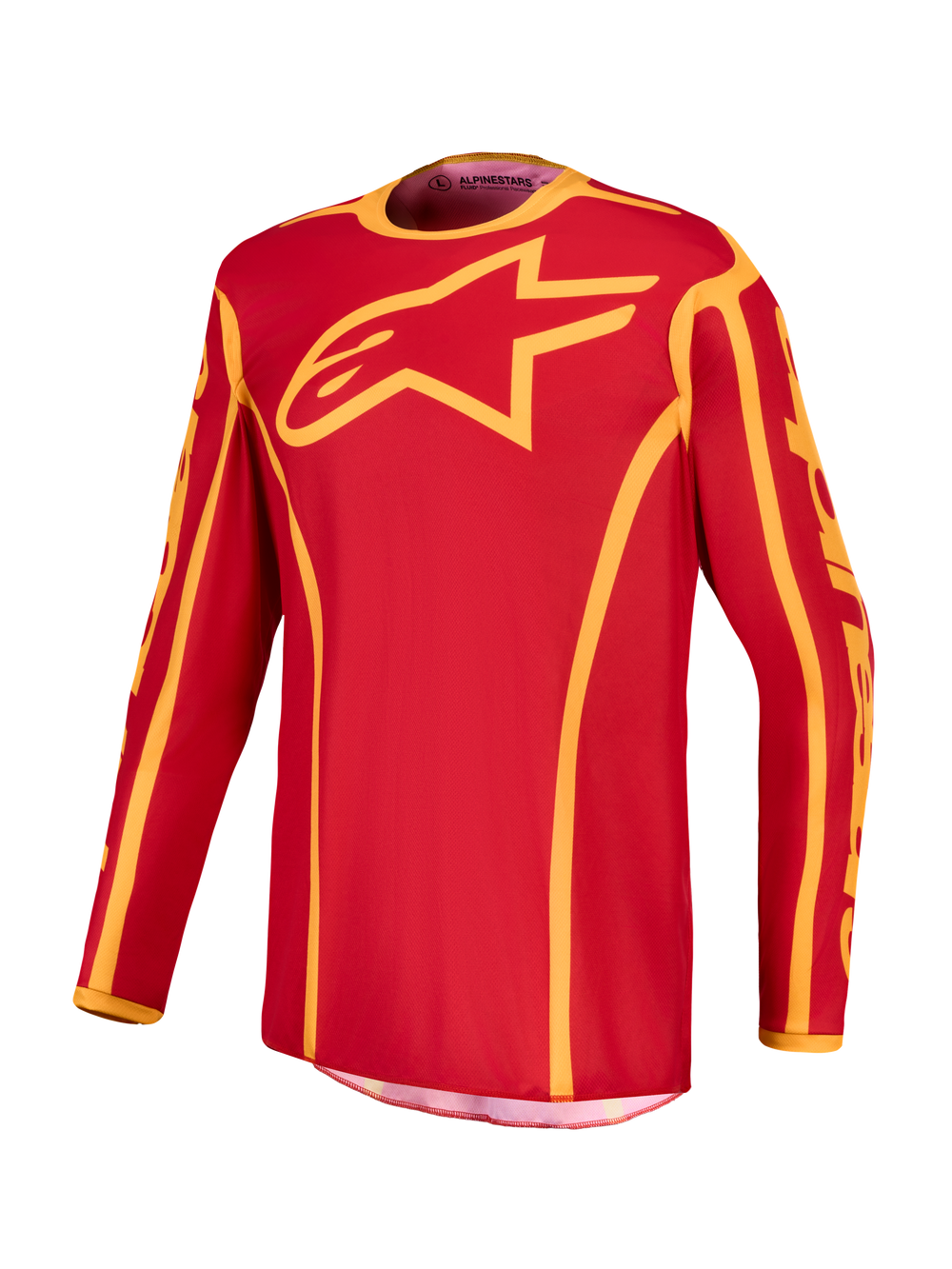 Alpinestars Fluid Apex V2 Jersey, Men's Motocross Jersey, Fire Red and Gold, moisture-wicking polyfabric with a relaxed sport fit.