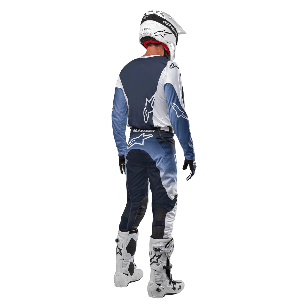 Alpinestars 2024 Racer Hoen Jersey, Men's Motocross Gear, White and Navy, back view, moisture-wicking stretch fabric.