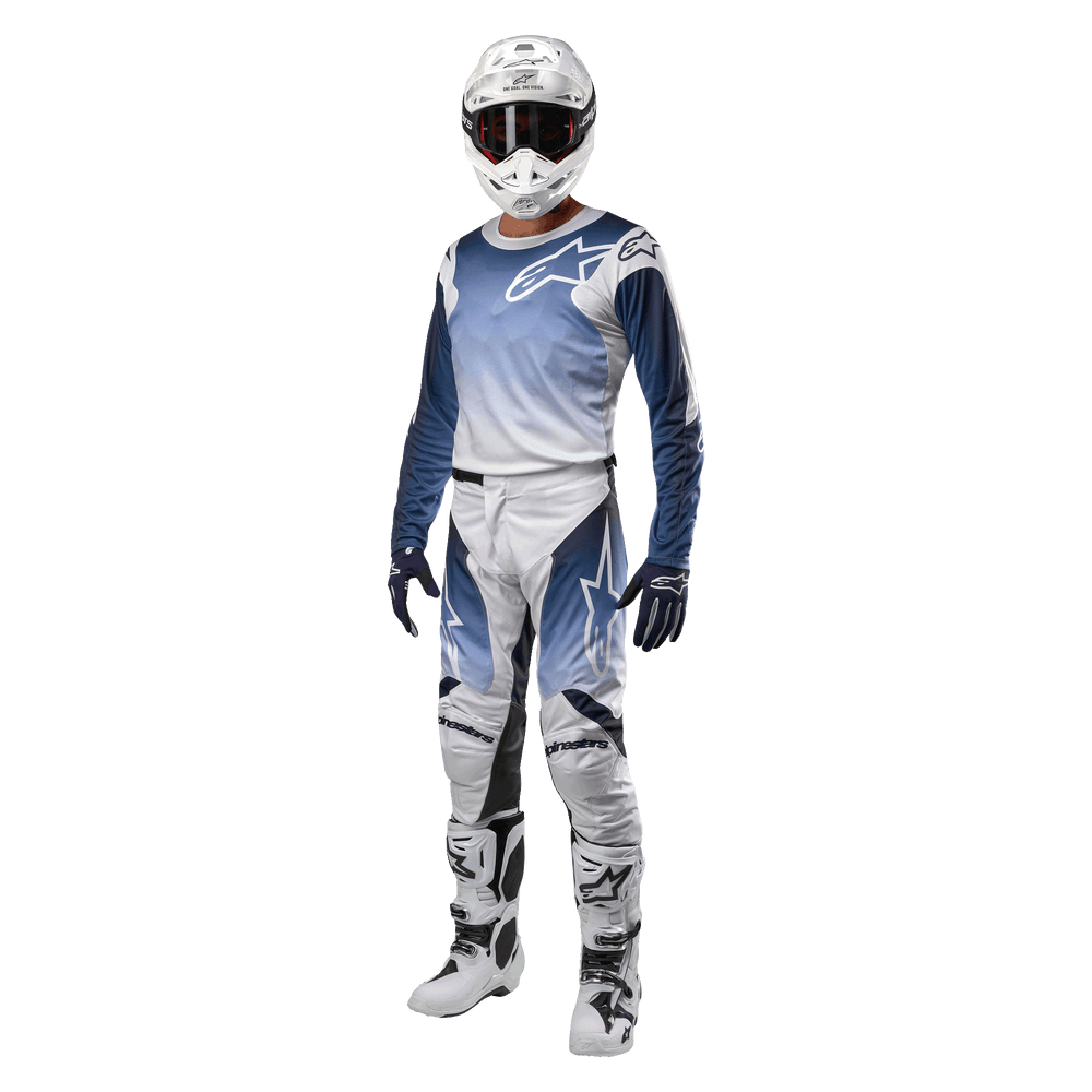 Alpinestars 2024 Racer Hoen Jersey and Pants, Men's motocross gear set in white and navy moisture-wicking fabric.