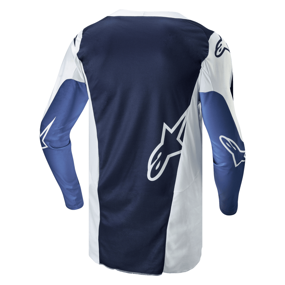 Alpinestars 2024 Racer Hoen Jersey, Men's Motocross Jersey, White and Dark Navy, breathable poly-fabric with dropped tail.