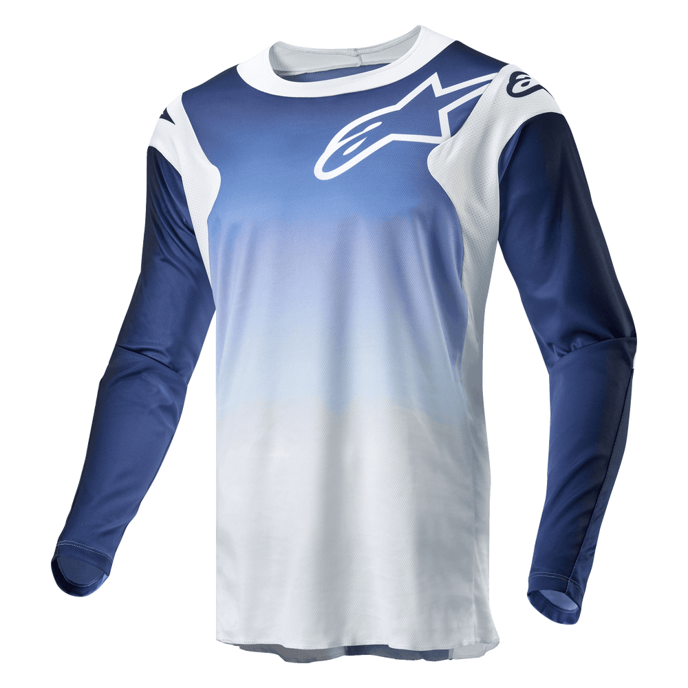 Alpinestars 2024 Racer Hoen Jersey, Motocross Jersey, Blue and White, moisture-wicking poly-fabric with breathable mesh.