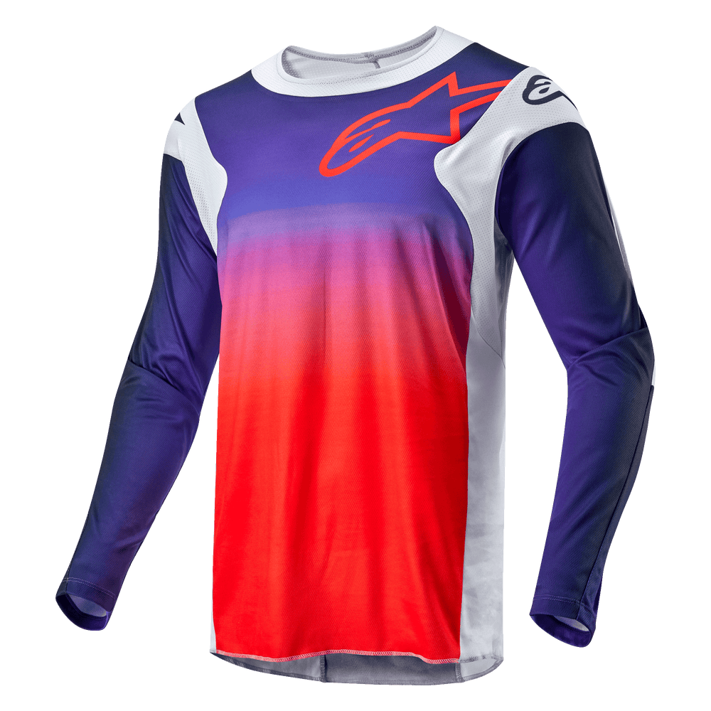 Alpinestars 2024 Racer Hoen Jersey, Motocross Jersey, Navy Blue to Hot Orange gradient with Light Gray side panels, featuring a red Alpinestars logo outline on the chest, technical long-sleeved apparel for off-road racing
