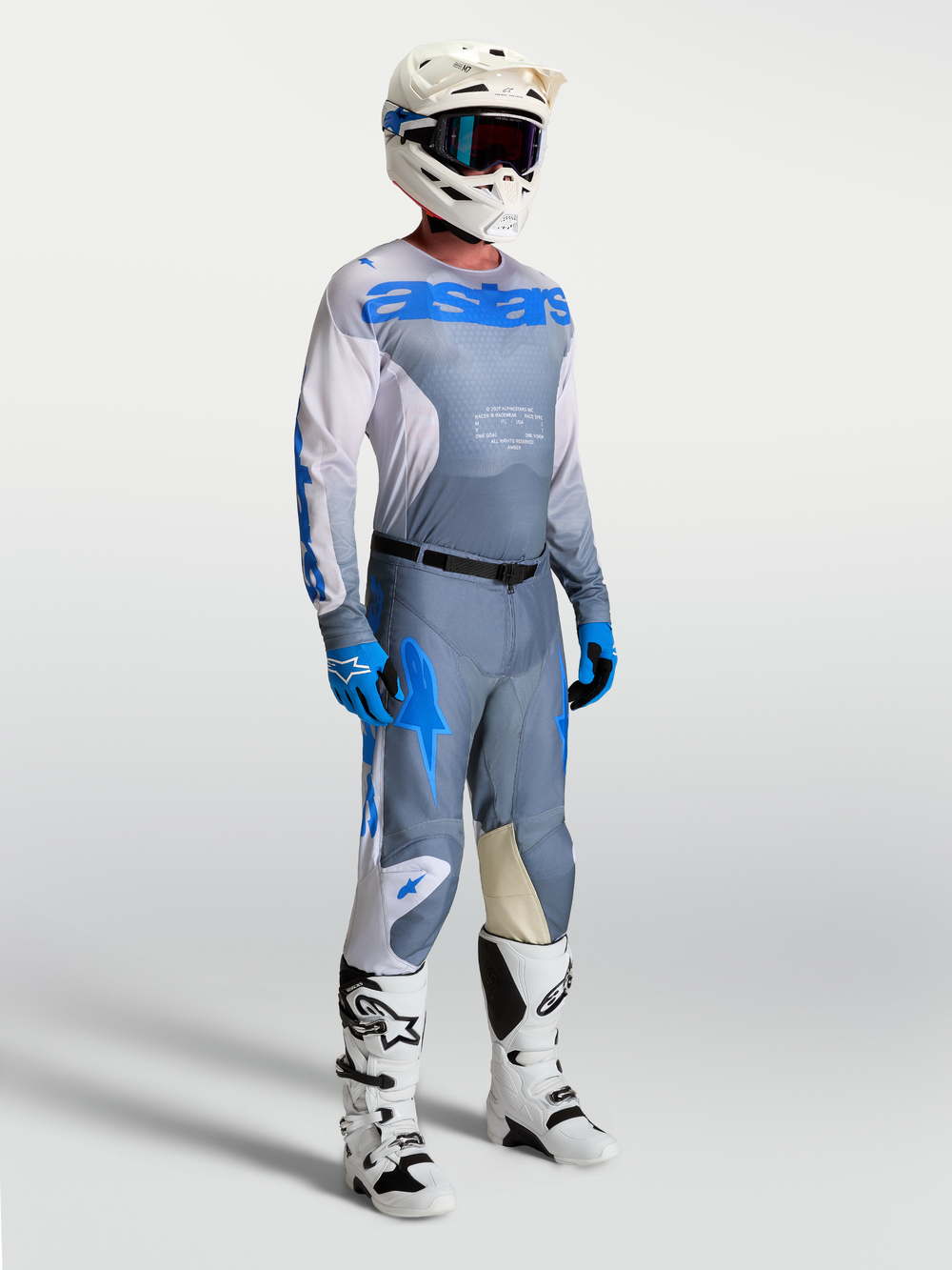 Alpinestars Racer Amber Gear Set and Pants, men's motocross outfit in ash gray and UCLA blue with a performance race fit.