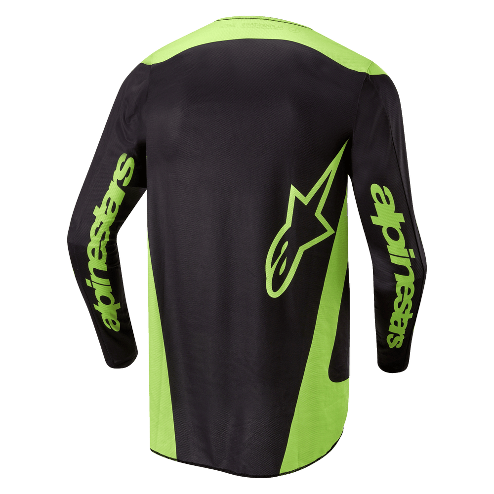 Alpinestars 2024 Fluid Lurv Jersey, Motocross Jersey, Black and Yellow Fluo, back view featuring neon yellow side panels, a large star logo on the lower back, and Alpinestars branding on the sleeves
