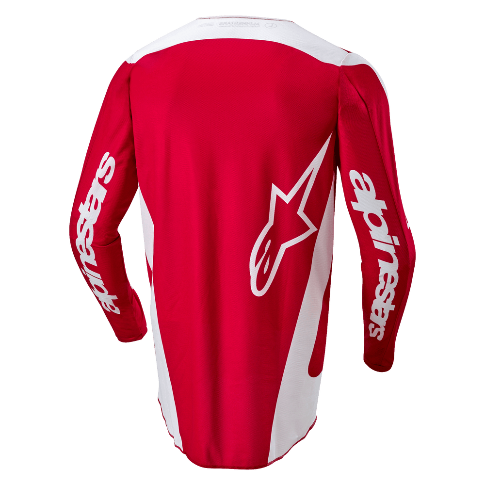 Alpinestars 2024 Fluid Lurv Jersey, Motocross Jersey, Mars Red and White, rear view featuring a large white star logo on the back, white side panels, and branding on the sleeves