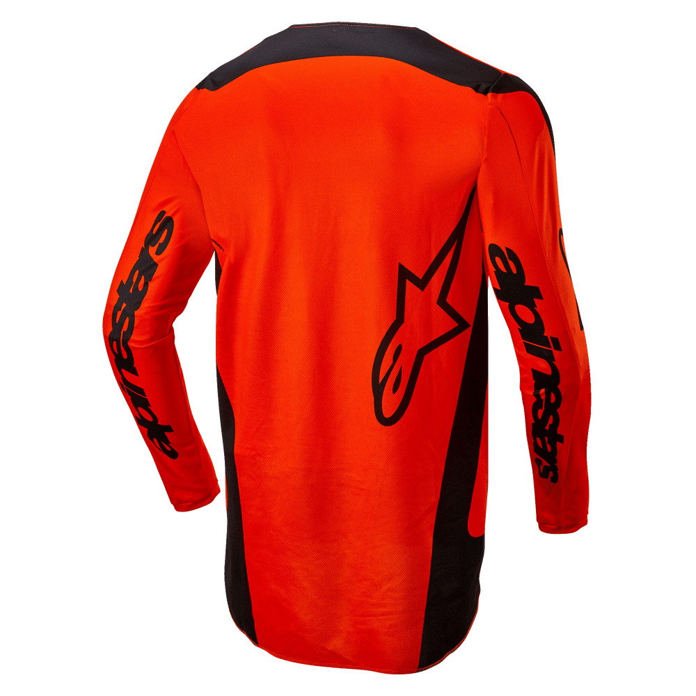 Alpinestars 2024 Fluid Lurv Jersey, Motocross Jersey, Hot Orange and Black, back view showing large black star logo and Alpinestars branding on sleeves, drop tail design for coverage, lightweight poly-fabric for off-road racing