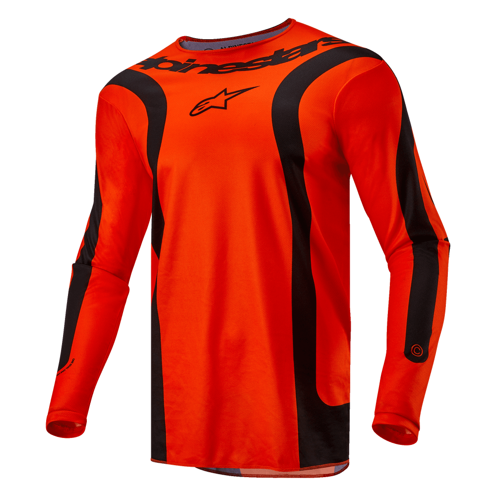 Alpinestars 2024 Fluid Lurv Jersey, Motocross Jersey, Hot Orange and Black, long sleeves with black curved panels, features black Alpinestars logo on chest and branding on neck, athletic sport fit for off-road racing