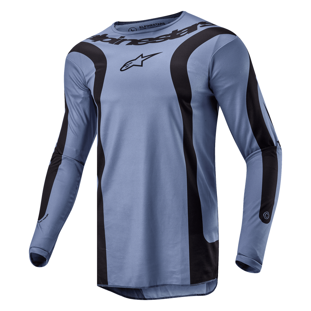 Alpinestars 2024 Fluid Lurv Jersey, Motocross Jersey, Light Blue and Black, featuring bold curved black graphics on the front and sleeves, central Alpinestars logo on the chest, and performance poly-fabric construction with a sport collar.