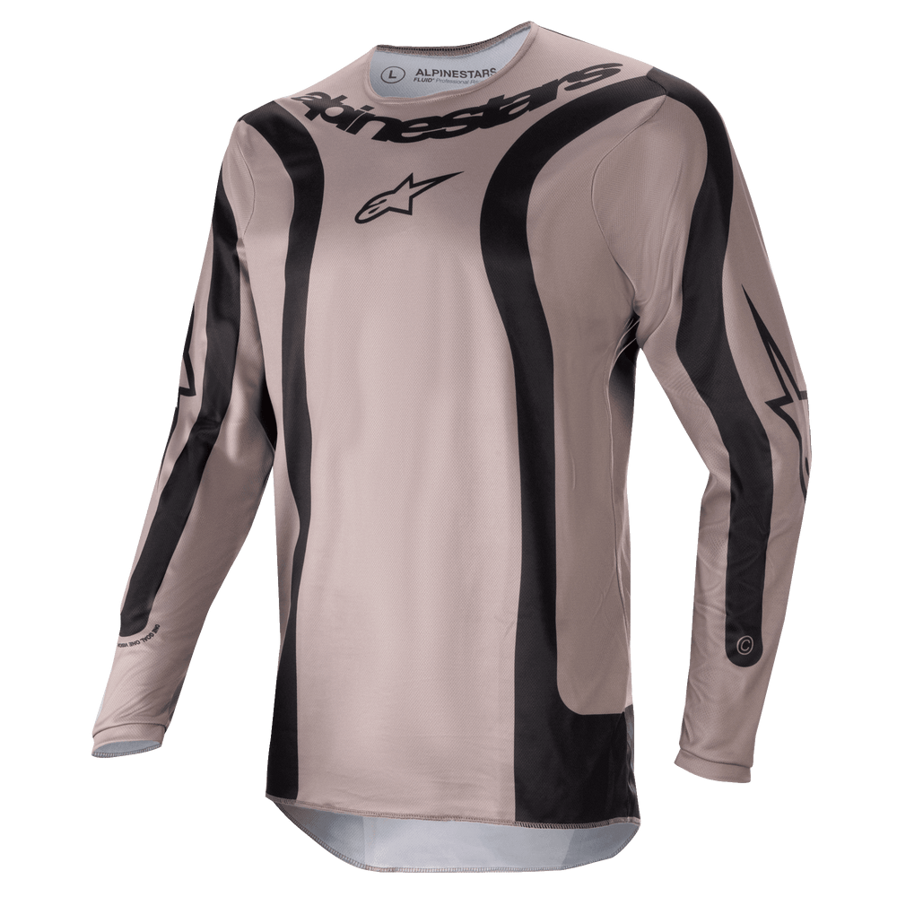 Alpinestars 2024 Fluid Lurv Jersey, Motocross Jersey, Mud Black, featuring black curved graphic panels and central Alpinestars logo, lightweight breathable poly-fabric for off-road racing performance