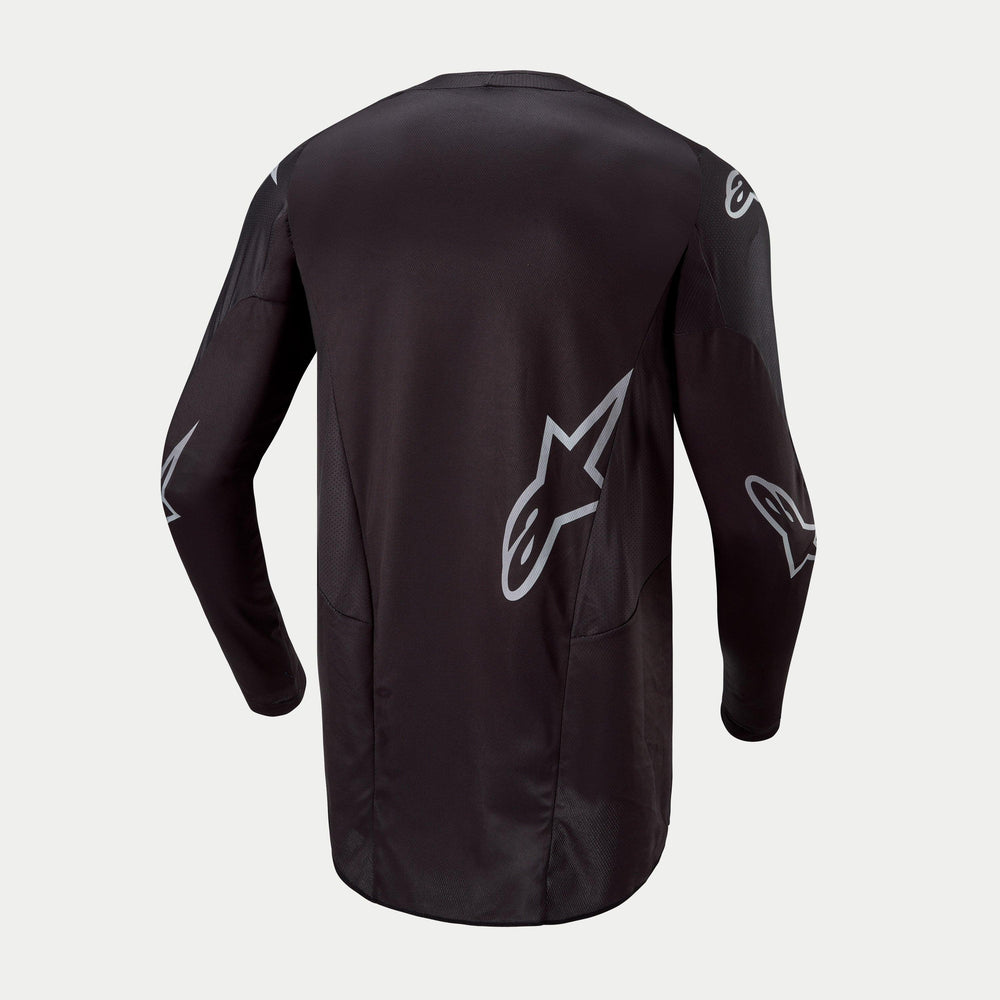 Alpinestars 2024 Racer Graphite Jersey, black and grey motocross jersey with breathable mesh panels for off-road riding.