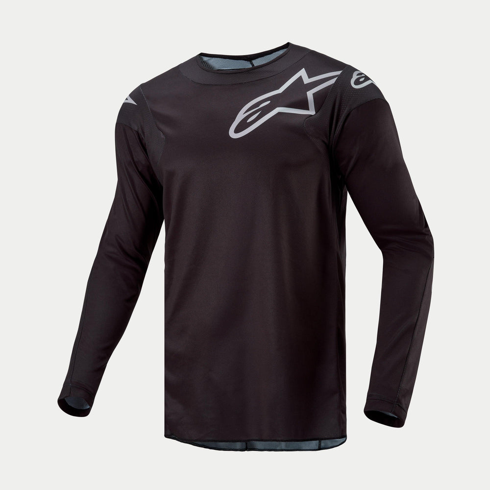 Alpinestars 2024 Racer Graphite Jersey, Men's black and grey motocross jersey with moisture-wicking, breathable poly-fabric.