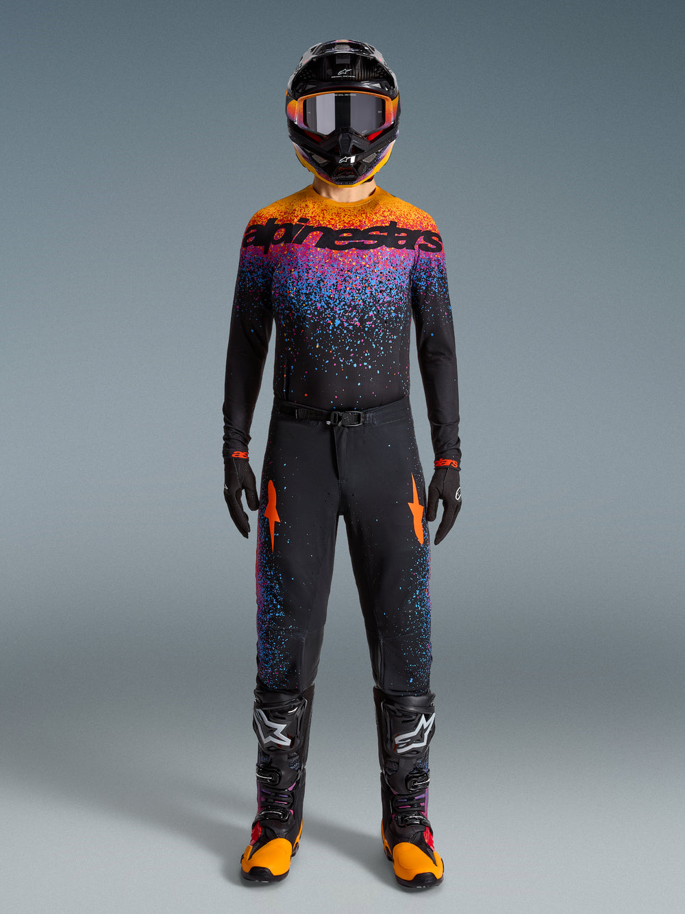 Alpinestars Limited Edition Supertech Black Hole Jersey, Men's Motocross Gear, Black and Orange cosmic splatter design.
