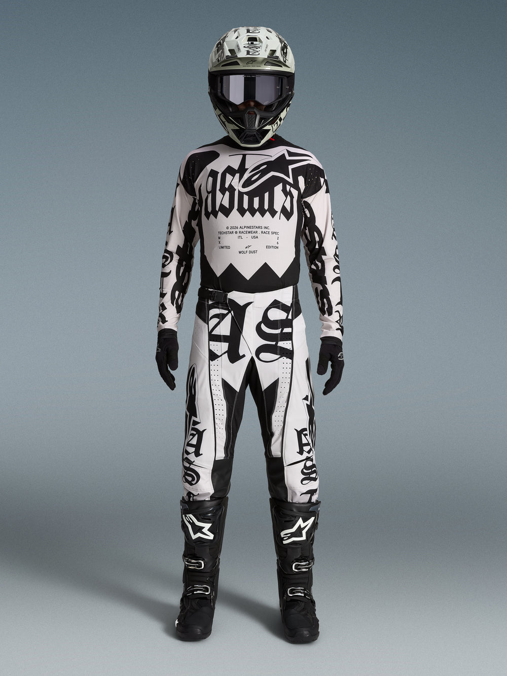 Alpinestars Limited Edition Techstar Wolf Dust Pants AND Gear Set, black and white motocross outfit with gothic graphics.