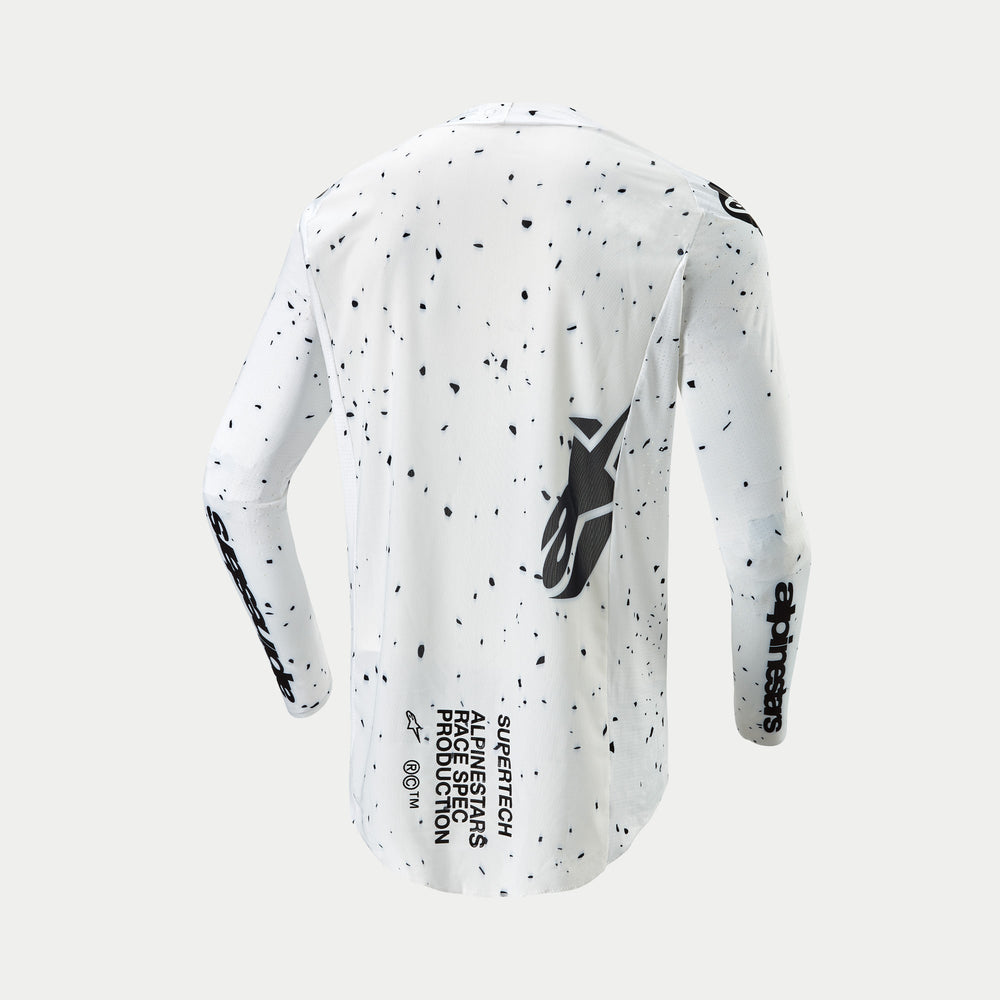 Alpinestars 2024 Supertech Spek Jersey, Motocross Racing Jersey, White and Black speckle design, breathable mesh, back view.