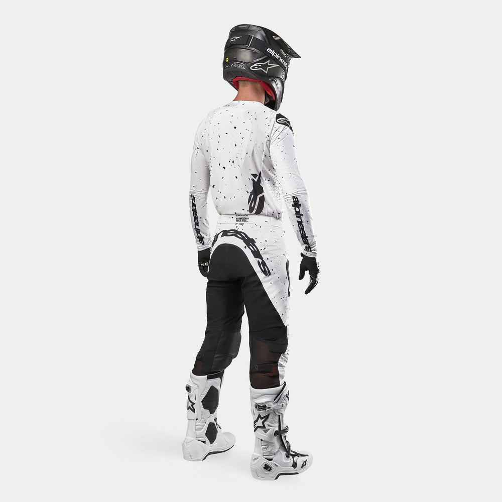 Alpinestars 2024 Supertech Spek Jersey, White and Black Men's Motocross gear with breathable mesh for off-road racing.