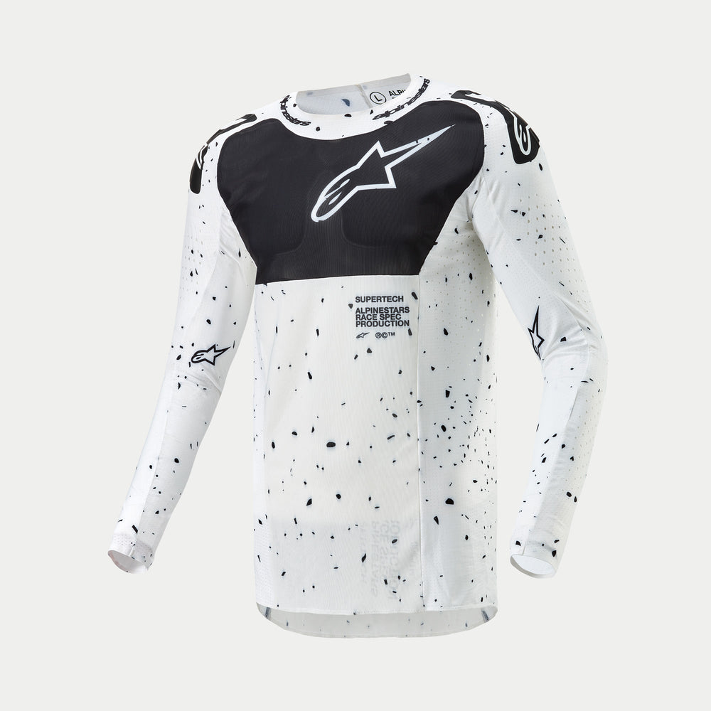 Alpinestars 2024 Supertech Spek Jersey, Men's Motocross Jersey, White and Black with splatter graphics and race fit.