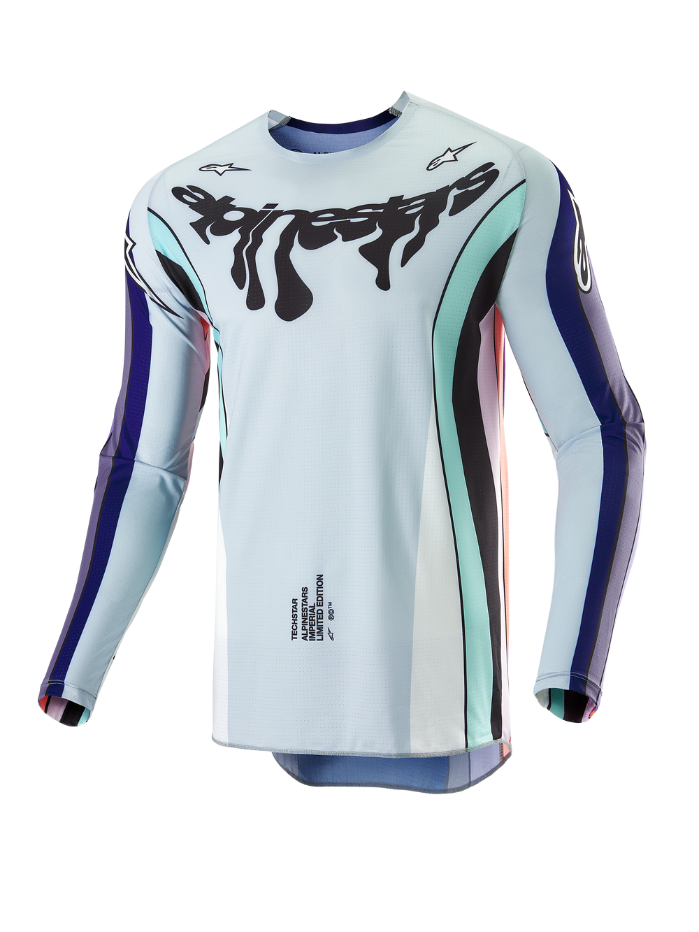 Alpinestars Techstar Imperial LE Jersey, men's motocross racing jersey in purple and light blue with technical mesh.