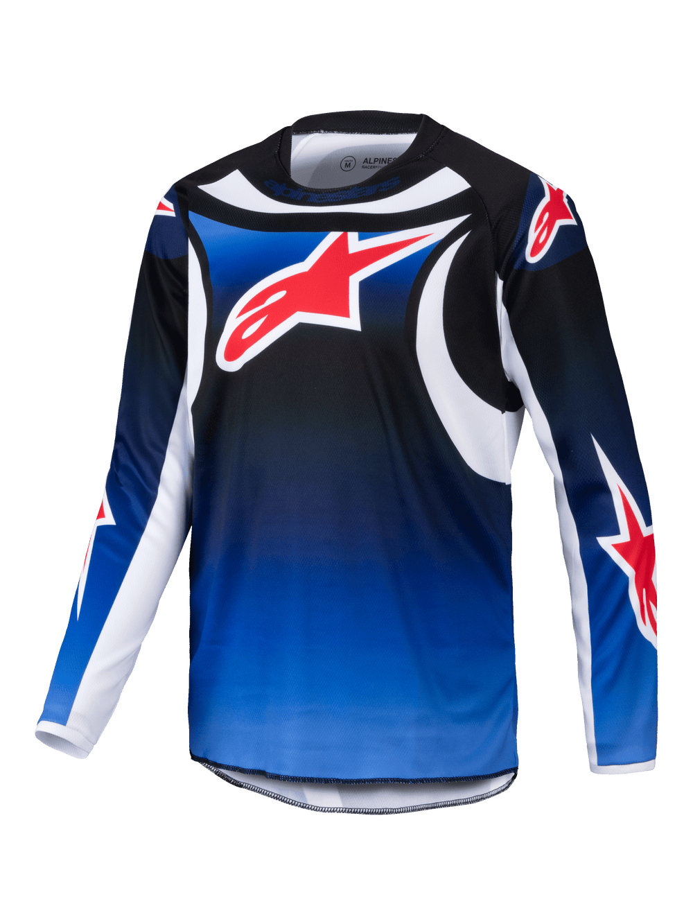 Alpinestars 2025 Youth Racer Wurx Jersey, Motocross Long-Sleeve Jersey, Blue and Black gradient design with white accents, Red star logos on the chest and sleeves, youth off-road racing apparel