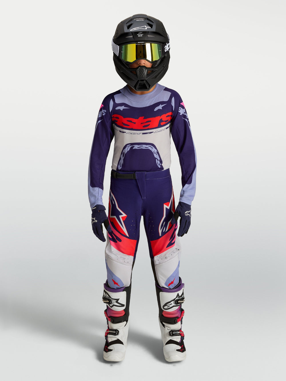 Alpinestars Youth Supertech Dyna Jersey in purple and white, kids' motocross gear set for racing performance.