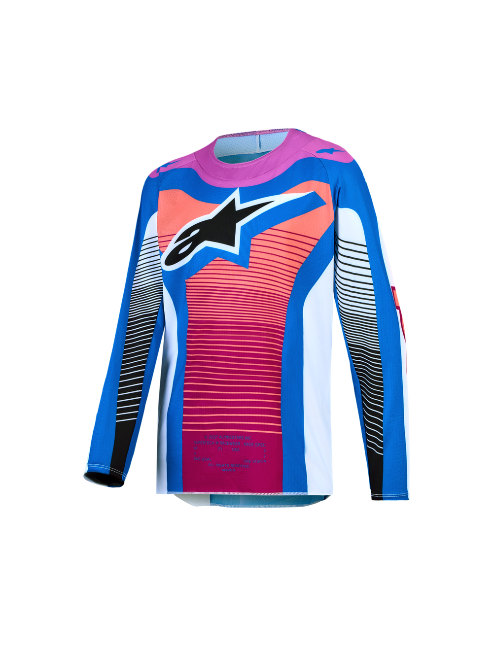 Alpinestars 2027 Youth Supertech Maven Jersey, Youth Motocross Racing Jersey, Blue and Hot Coral, lightweight stretch mesh with athletic fit and large Astars logo.